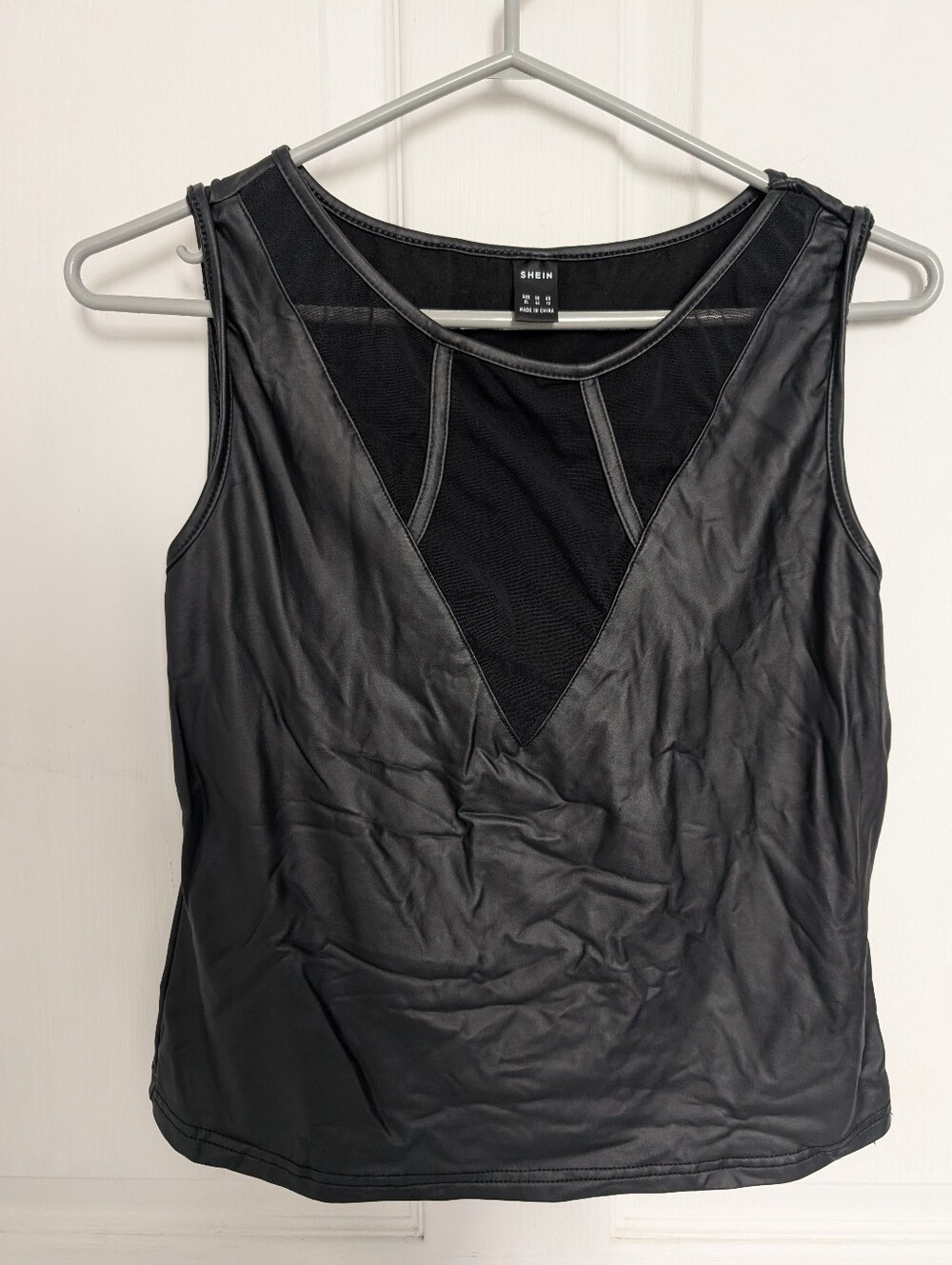 SHEIN Black Faux Leather Mesh Inset Sleeveless Top